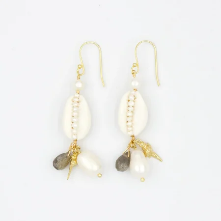 Pearl Beaded Cowrie Shell Earrings