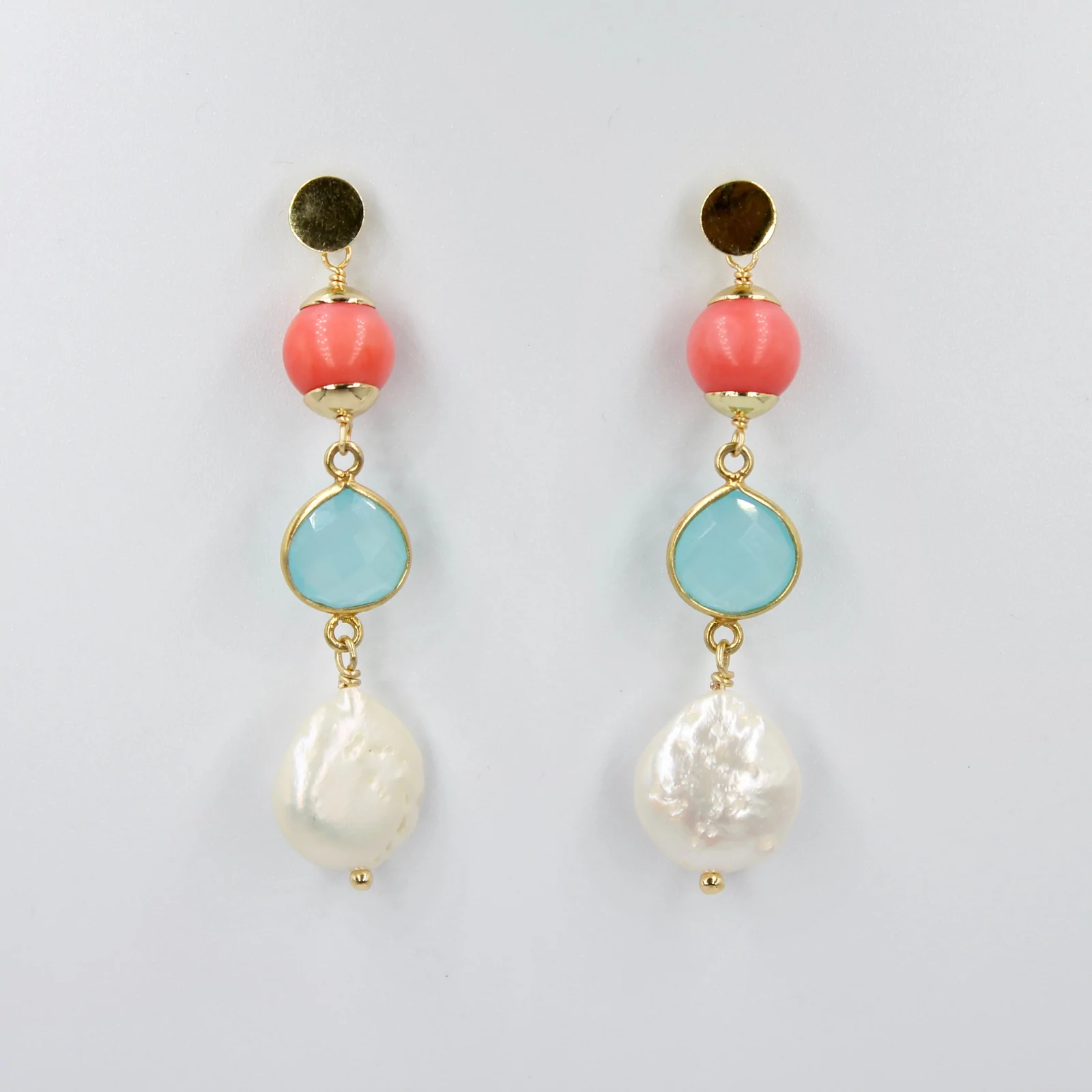 Coral, Amanzonite And Pearl Drop Earrings