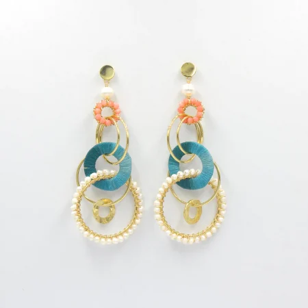 Pearl, Coral And Silk Thread Circle Chandelier Earring